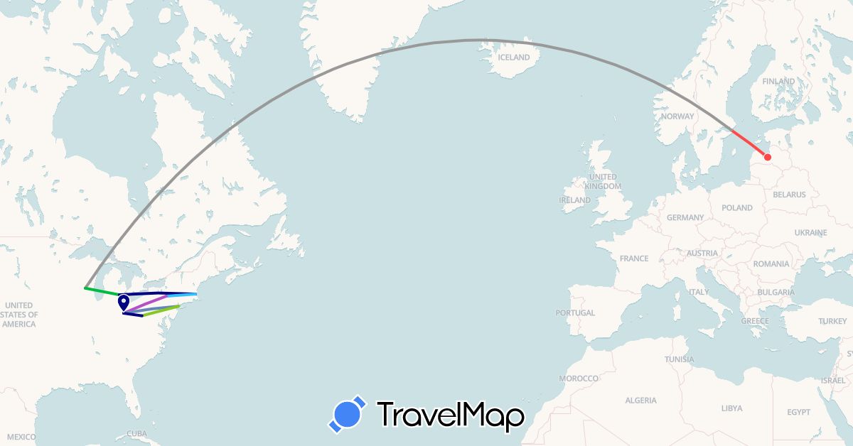 TravelMap itinerary: driving, bus, plane, cycling, train, hiking, boat, electric vehicle in Latvia, Sweden, United States (Europe, North America)